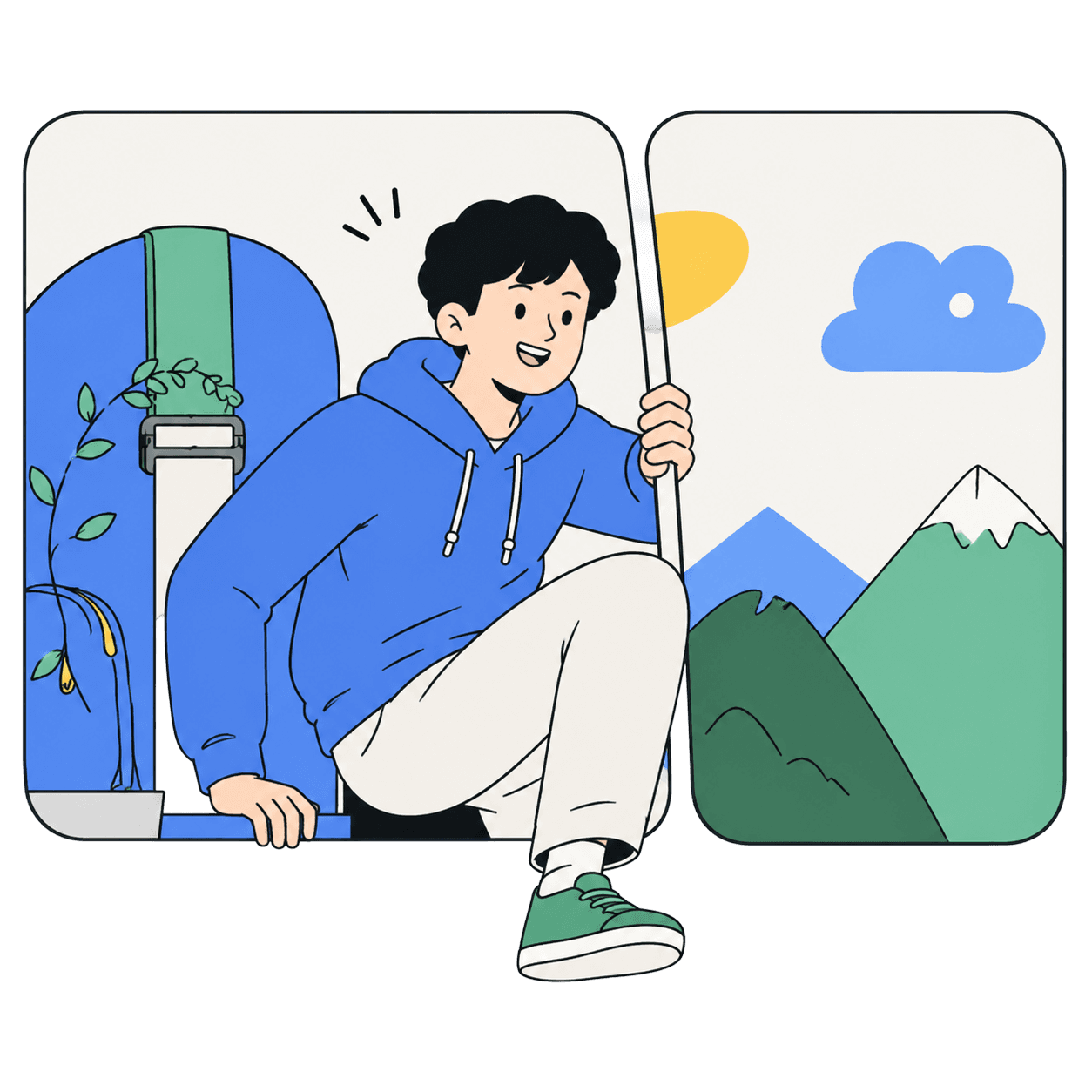 A traveller sitting between illustrated mountain scenes